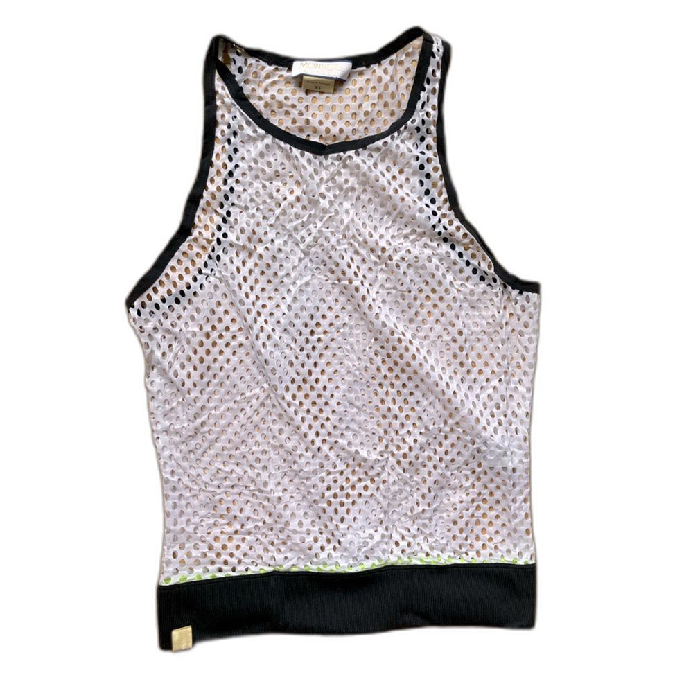 Monreal $120 white mesh gym/workout tank with black trim Size XS, EUC